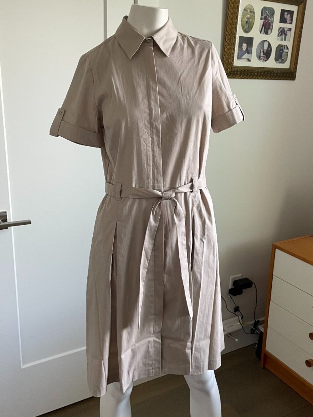 Baia SS Full Zip w Covered Placard Collared Cotton Shirt Dress Neutral Beige 4